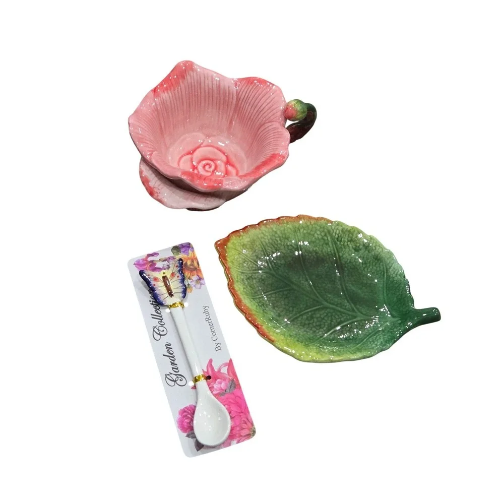 CornerRuby Garden Collection Pink Rose Tea‎ Cup Leaf Saucer Butterfly Spoon Set